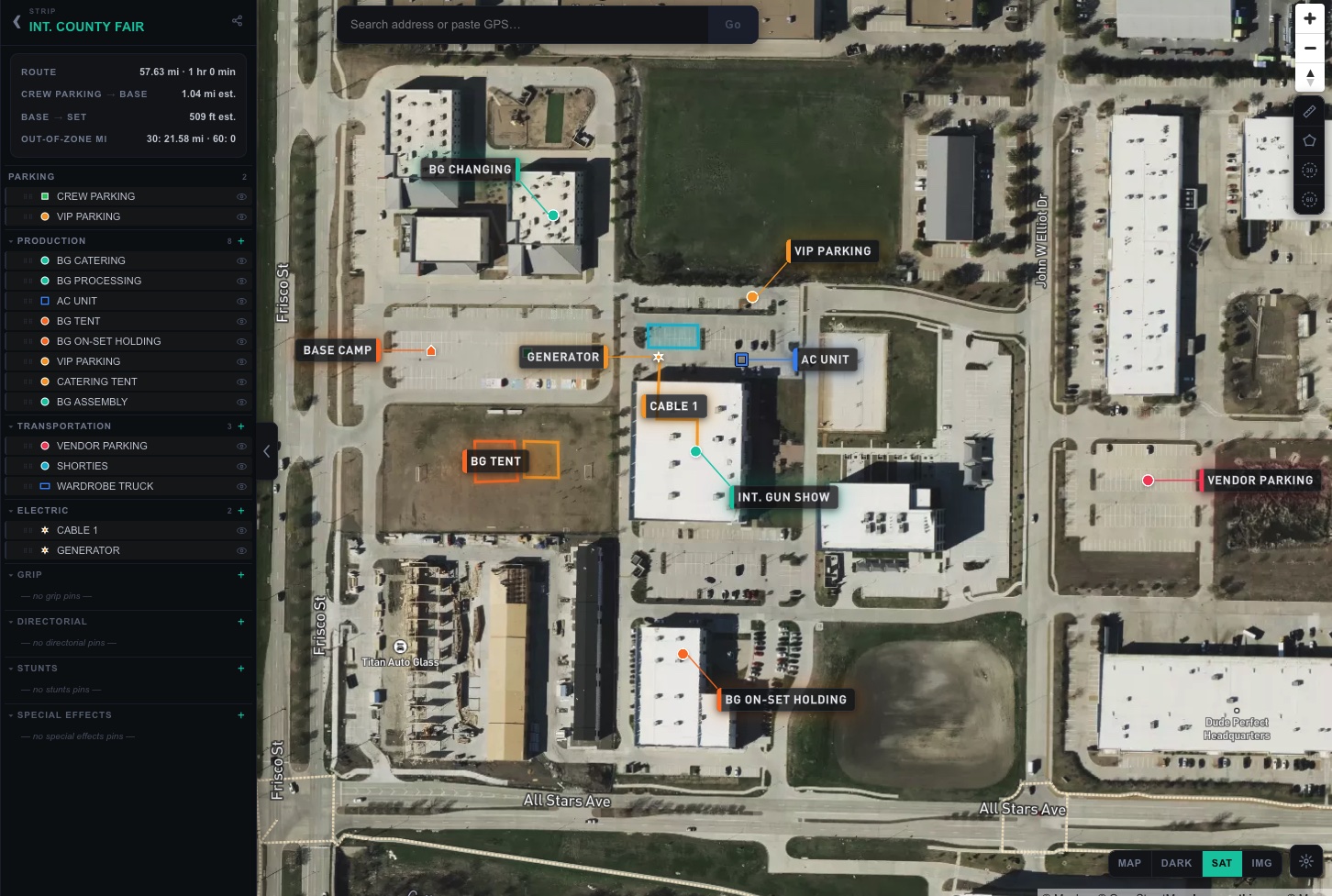 Portal²Portal strip view — a single location's overhead on satellite with parking, production, transportation, and electric department layers plus route and mileage totals